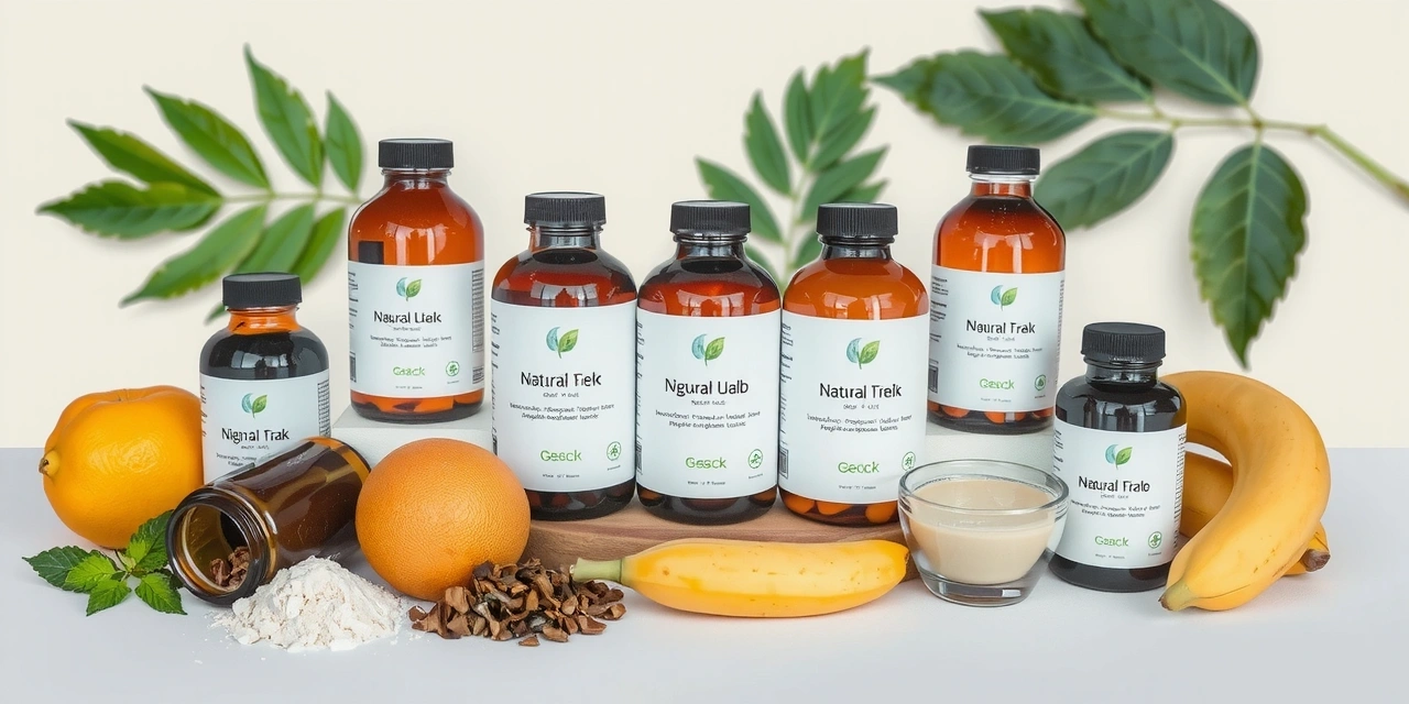 Clean, organized display of various supplement bottles and natural ingredients on a light background