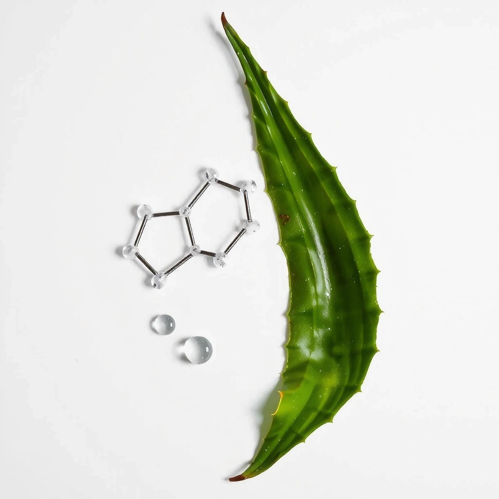 Ingredientes clave del suero facial Granviacz dispuestos artísticamente