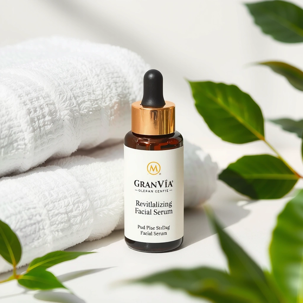 Suero facial Granviacz en un entorno de spa con toallas y plantas